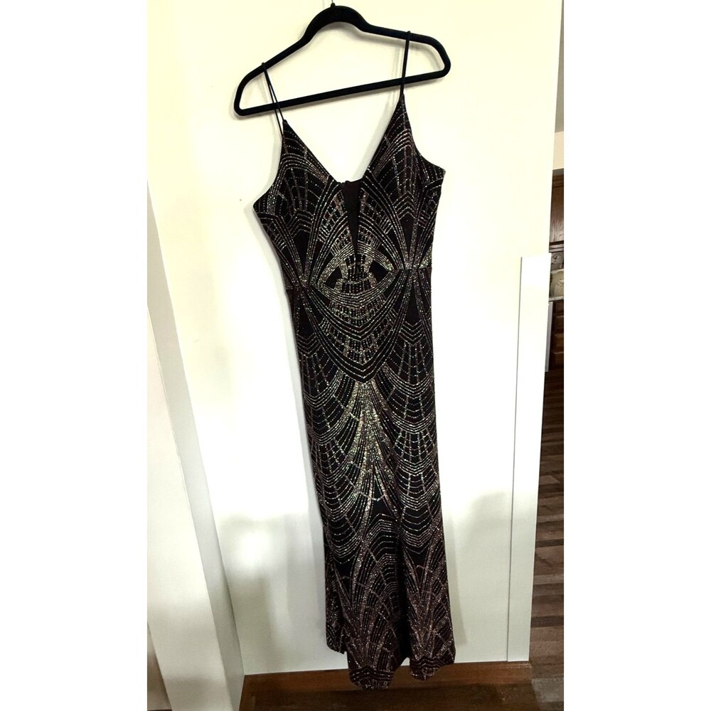 B&A Betsy & Adam Beaded Art Deco Evening Gown Black Formal Maxi Dress Sz 16 Glit - Picture 10 of 11